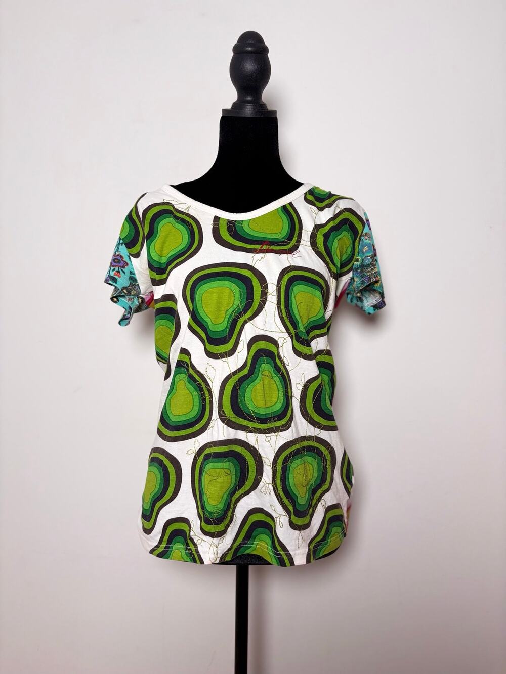 Desigual Green Abstract Print Contrasting Back Pattern Embroidered Logo Top